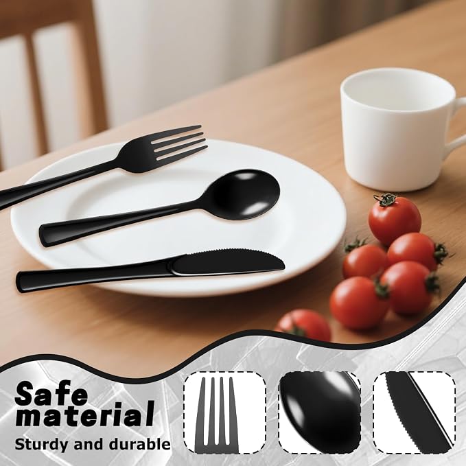 Plastic Silverware 300 PCS Disposable Silverware Heavy Duty Utensil Sets 100 Of Each Forks Knives & Spoons Disposable Cutlery Set For Easter,Birthday,Baby Shower,Garden Party,Wedding(300,Black)