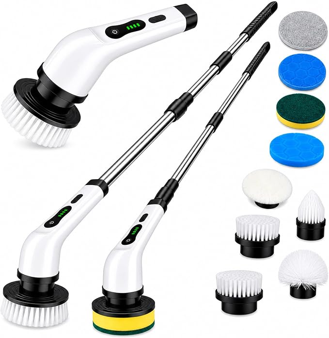Electric Spin Scrubber, Cordless Cleaning Brush Scrubber with 9 Replaceable Brush Heads-3 Adjustable Size, 2 Speeds for Bathroom Bathtub Kitchen Tile Floors