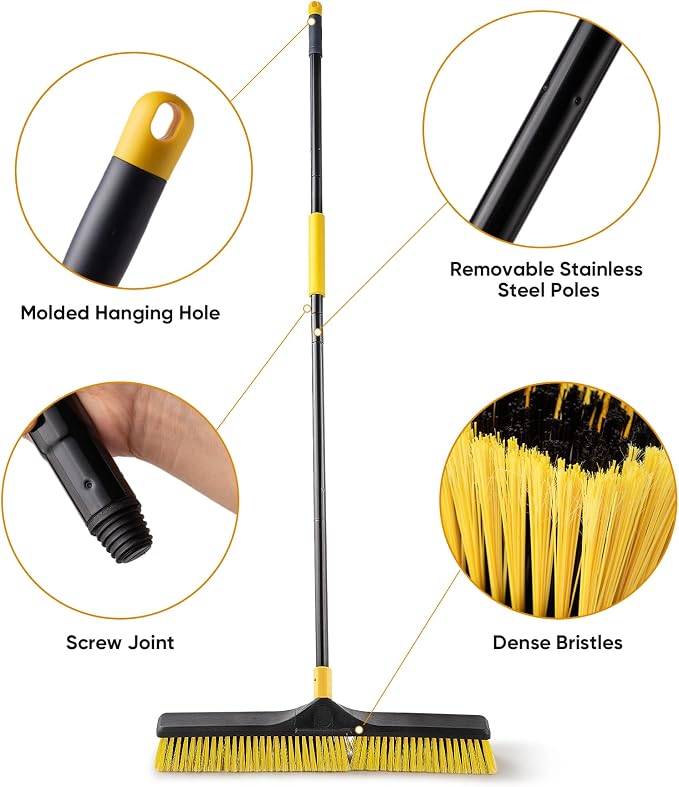 Yocada 24 inch Push Broom Brush 65.3 inch Long Handle Stiff Bristles Heavy-Duty Outdoor Commercial Broom for Cleaning Bathroom Kitchen Patio Garage Deck Concrete Wood Stone Tile Floor