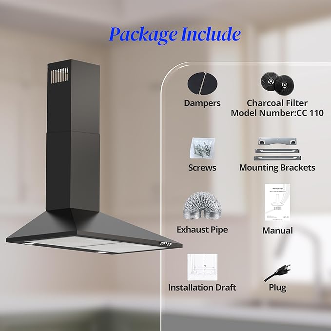FIREGAS Black Range Hood 30 inch, Wall Mount Range Hood with LED Lights, 3-Speed Exhaust Fan, Ducted/Ductless Convertible, Aluminum Mesh Filters, Button Control, Black Kitchen Hood