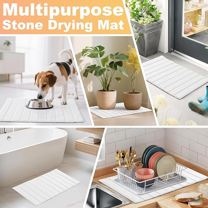 Extra Large 24"x18" Stone Dish Drying Mat with Sink Mat, Super Absorbent Diatomaceous Earth & Microfiber, Quick-Dry Foldable Kitchen Counter Drying Pad for Dishes, Bottles & Utensils – White