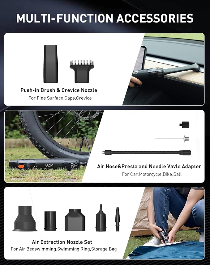 Car Vacuum Portable Cordless, 12000Pa 3-in-1 Car Vacuum Cleaner and Tire Inflator, 5000mAh Battery, 150 PSI, LED Light, Type-C Charge, Portable Tire Inflator for E-Bike, Motorcycle, Ball