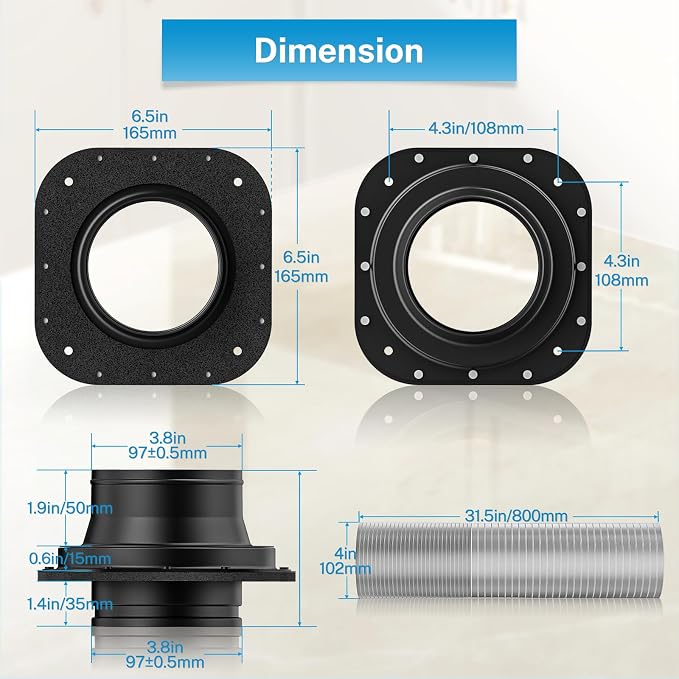 Hon&Guan Magnetic Dryer Vent Coupling Connector Kit DV180 with 4'' 2.6FT Semi Rigid Dryer Vent Hose for Tight Space & Aluminum Foil Tape,2 Clamps(Black)