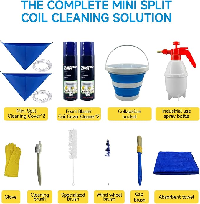 Mini Split Cleaning Kit for Air Conditioner,2 Bottles of air Conditioner Cleaner,2 Air Conditione Waterproof Bag, 4 Wall Mounted Air Conditioner Cleaning Tools,1 Spray Bottle etc.