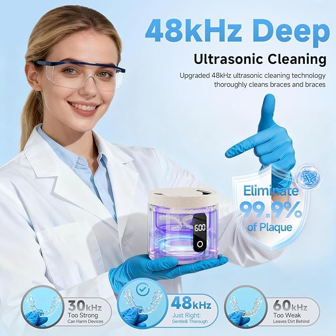 Ultrasonic Retainer Cleaner Machine, 45kHz ultrasonic Cleaner for Denture/Jewelry/Toothbrush with 4 Cleaning Modes, Digital Timer, 200ML Mouth Guard Cleaner for Aligner