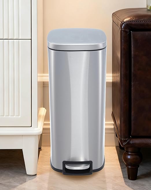 GarveeHome 13 Gal Slim Trash Can, Step Garbage Can with Soft-Close Lid, Stainless Steel Recycling Bin Waste Container with Removable Inner Bucket for Kitchen, Bathroom, Office, Silver