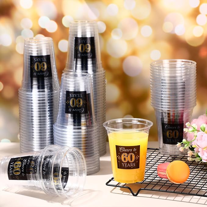 Funnymoom 100 Pack 60th Birthday Cup 12 oz Cheers to 60 Years Happy Birthday Disposable Clear Plastic Cups for Him Men Women Wedding Anniversary Decorations Party Favors