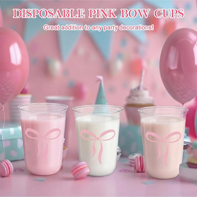 Ziliny 50 Pcs 16oz Cute Pink Bow Cups Birthday Party Decorations Supplies Disposable Plastic Cups for Bachelorette Party Valentines Galentines Day Christmas Wedding Baby Shower
