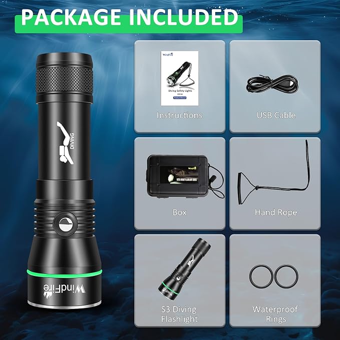 WINDFIRE Rechargeable Scuba Diving Flashlight, Super Bright LED Dive Light, IPX8 Waterproof 60M Underwater Flashlight with 3 Modes for Snorkeling & Cave Diving