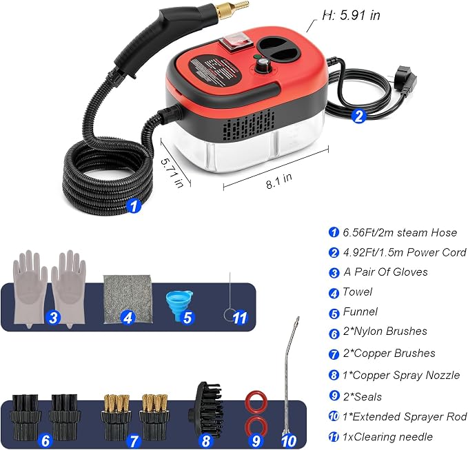 Portable High-Pressure Handheld Steam Cleaner, 14-Piece Accessories, 6 Steam Levels, 15s Heat-Up,chemical-free Cleaning Tile, Grout, Dirt, Grease & Car Detailing (black&Red)