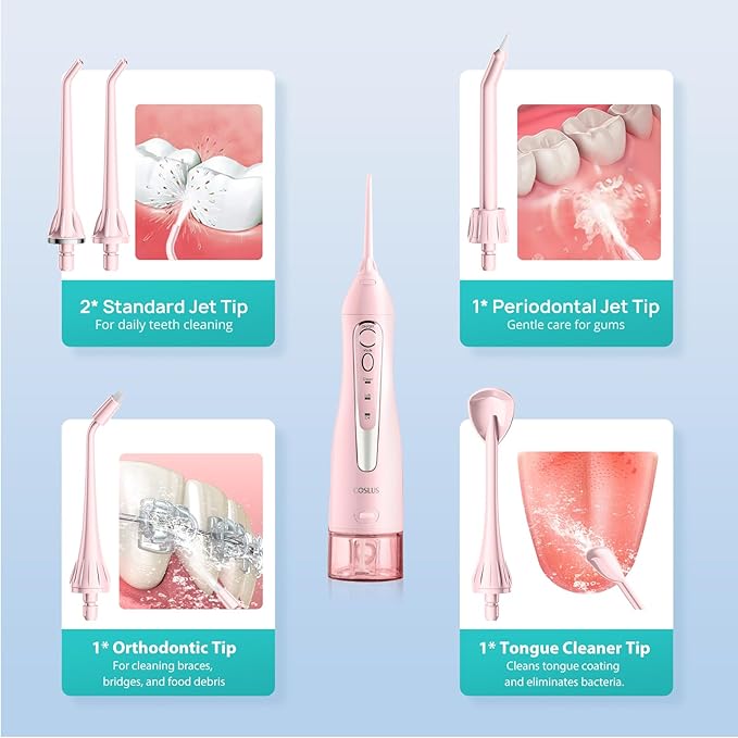 COSLUS Water Dental Flosser Teeth Pick C20: Portable Cordless Oral Irrigator 300ML Rechargeable Travel Irrigation Cleaner IPX7 Waterproof Electric Flossing Machine for Teeth Cleaning, Pink