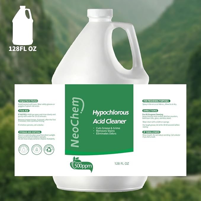 Hypochlorous Acid 500ppm Cleaner – Cuts Grease, Removes Stains, Eliminates Odors – No Rinse, No Harsh Fumes, Biodegradable – Multi-Surface Household Cleaner, Pet & Family Safe (1Gallon)