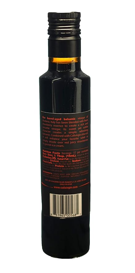 Calivirgin Balsamic Vinegar - Strawberry Flavored Traditional Balsamic Vinegar - Thick, Velvety, Authentic Italian Balsamic Vinegar - Gourmet Vinegar - Barrel Aged Balsamic Vinegar Bottle - 250ml