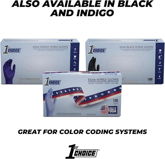 1st Choice 3 Mil Indigo Blue Nitrile Disposable Exam Gloves Made in USA, TAA Compliant Latex Free Medical Grade Cleaning S-XL
