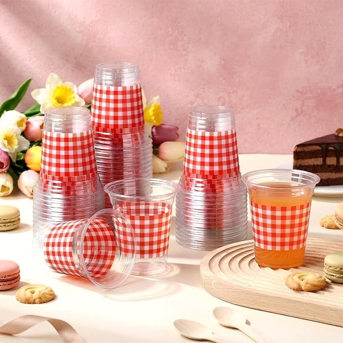 Qinyoung Checkered Plastic Cups 12oz Gingham Party Disposable Cups Bulk Drinking Cup for Cold Drinks Baby Shower Wedding Summer Birthday Party Supplies(Red and White,50 Pcs)