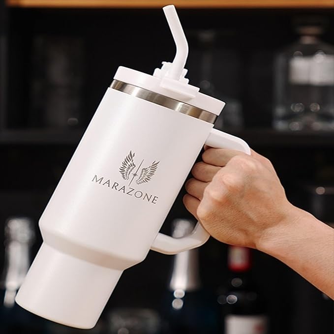 MARAZONE 40oz Stainless Steel Travel Tumbler Cup with Handle, Three-Position Lid, Straw with Silicone Tip, Vacuum Insulated Water Bottle for Hot & Cold Drinks, Great Gifts for Mom, White Dove