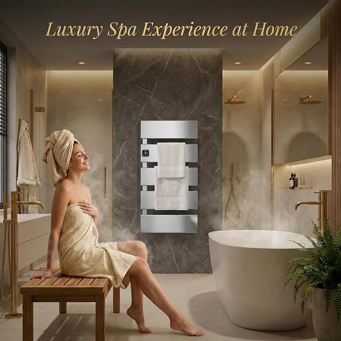 L Series Electric Towel Warmer for Bathroom, 5 Panel, Silver | Thermo Control and Timer, Fast Heat in 3 Mins, Dry Towels in 4 hrs, Memory Function, Work with Smart Plug, Left-Wiring