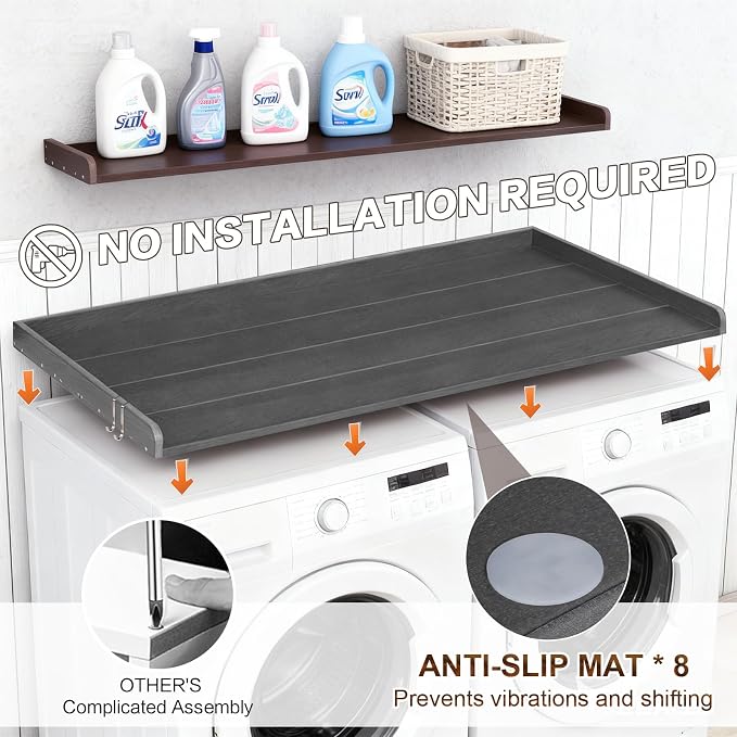 Washer Dryer Countertop, HDPE Laundry Countertop with Edge Rails, No-Installation-Grey