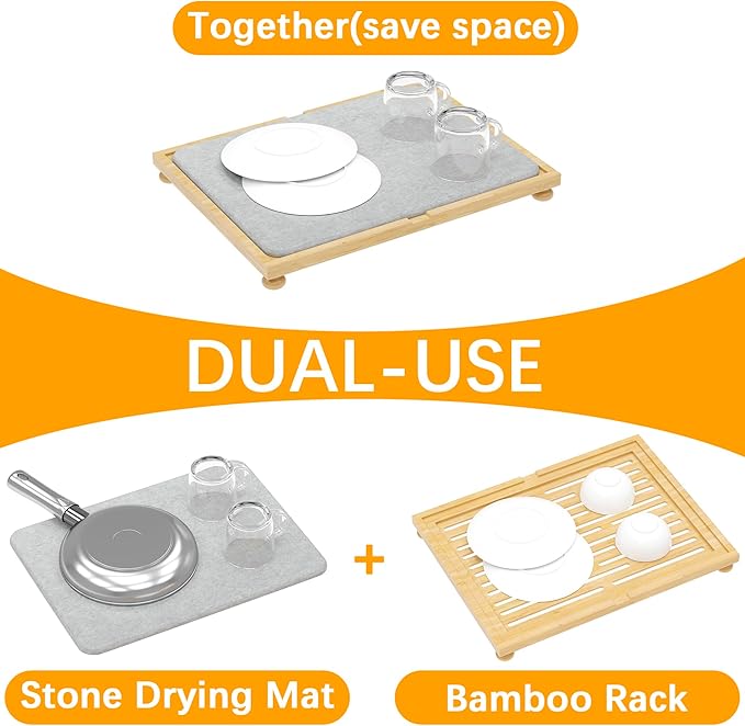 Golener Stone Drying Mat for Kitchen Counter, Dish Drying Pad with Bamboo Rack, Super Absorbent Diatomaceous Earth and Drying Rack, Multi-purpose Quick Drying Mat Rack for Kitchen, 16”x12”, Dark Grey