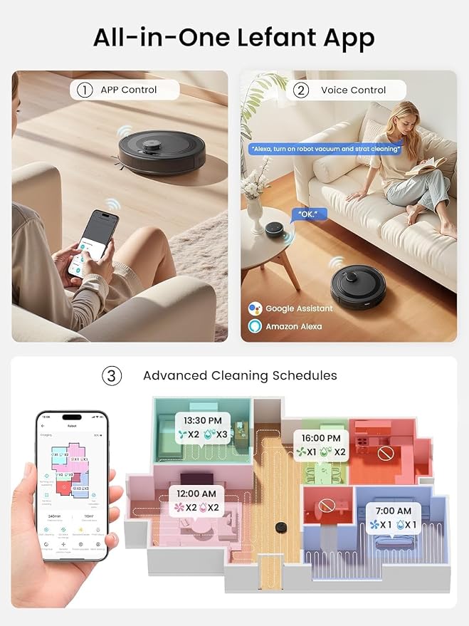 Lefant Robot Vacuum and Mop Combo,75-Days Self-Emptying,7000Pa Powerful Scution,Multi-Floor Mapping, No-Go Zones,140 Min Runtime,2.4G/5G WiFi/Alexa/APP/iWatch, M2 Plus Black