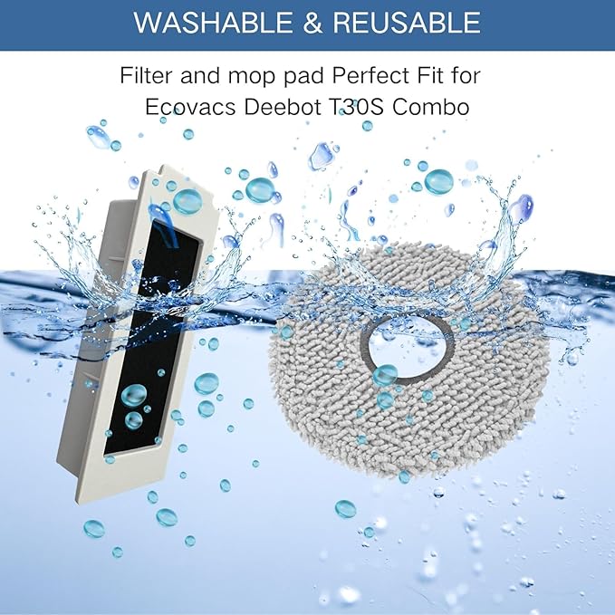Replacement Accessories Parts Kit Compatible with Ecovacs Deebot T30S Combo| Includes 8 Dust Bags, 8 Mop Pads, 6 Filters, 6 Side Brushes, 2 Main Brushes