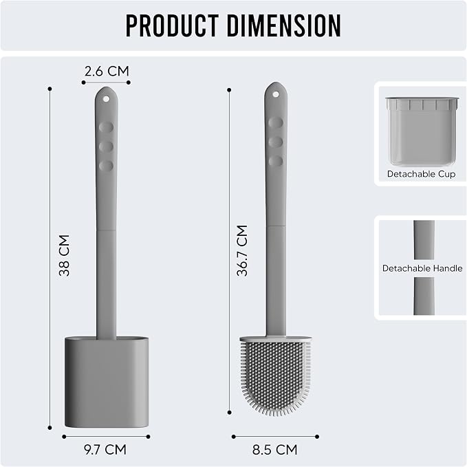 Modern Minimalist Silicone Grey Toilet Brush and Holder Set – Pack of 1 Wall Mounted Toilet Bowl Brush – Long Non-Slip Handle, Flexible Bristles for Self-Cleaning & Splash-Free, Easy-Rinse Design