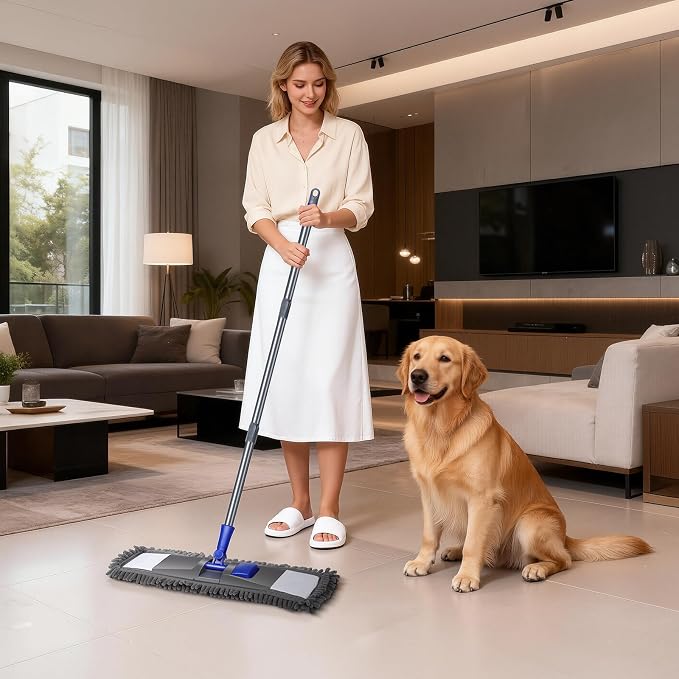 MASTERTOP Microfiber Mop for Floor Cleaning, Flat Dust Mop for Home and Kitchen, Adjustable Stainless Steel Handle with 2 Washable Pads&1 Cleaning Scrape for Hardwood, Vinyl