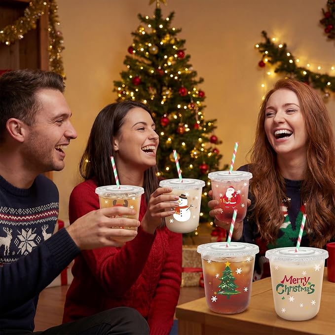 12oz Christmas Disposable Plastic Cups with Lids and Straws-Xmas Tree Santa Reindeer Snow Cold Drinks, Coffee, Beer, Drinks, Ice Cream, Drinking Cups for Party Supplies. (100)