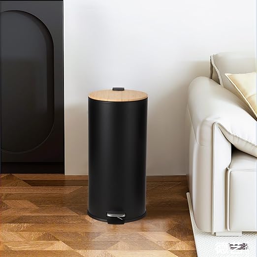 30 Liter/8 Gallon Step Trash Can with Bamboo Lid, Round Slim Stainless Steel Garbage Can with Removal Inner Liner, Soft Close for Kitchen, Office, Living Room, Bathroom, Black