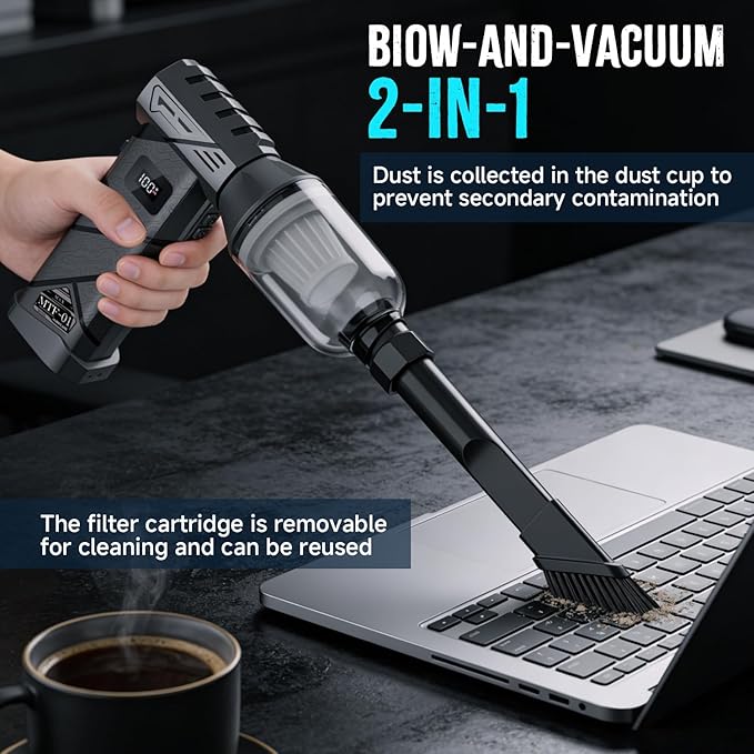 MTOX Compressed Air Duster, 150,000 RPM & 2 Spare Batteries, 2-in-1 Cordless Blower & Vacuum with LED Light, Rechargeable Electric Cleaner for Keyboard, PC Tower, Car (Deep Gray)