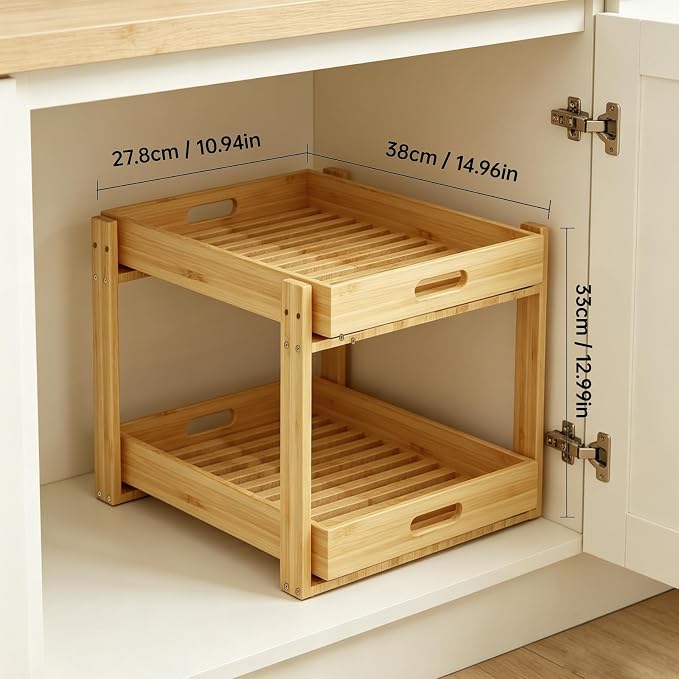 Under Sink Pull Out Organizer - Bamboo Cabinet Organizer 2-Tier with Adjustable Height, Undersink Storage Shelf Slide Out for Kitchen Bathroom Pantry Cabinet