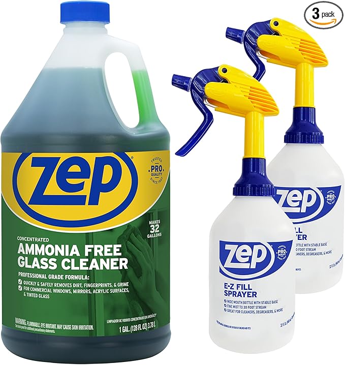 Zep Ammonia Free Glass Cleaner Concentrate - Professional Grade Formula - 1 Gallon E-Z Fill Sprayer 2-Pack – Bundle