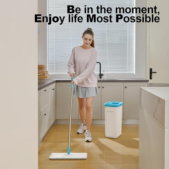 Mop and Bucket Set, 60" Long Handle Mops for Floor Cleaning, Squeeze Flat Mop and Bucket System, Dry & Wet Wall Mop Cleaner for Household Cleaning with 4 Microfiber Mops, Turquoise-Cyan