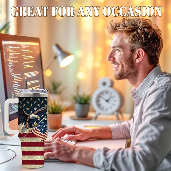 DUUV American Flag Tumbler 40 Oz, Eagle Gifts for Men on Birthday, US 250th Anniversary, Independence Day, Fathers Day, Patriotic Travel Mug for Men Dad Grandpa, Stainless Steel Insulated Mug, 1PCS