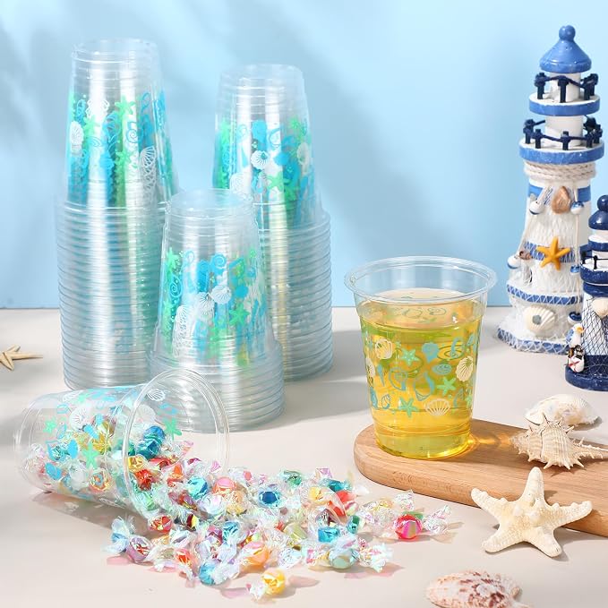 100 Pcs Seashell Plastic Cups 12 oz Summer Beach Starfish Disposable Plastic Drinking Cups Bulk for Under the Sea Ocean Pool Birthday Wedding Bridal Baby Shower Party Decoration Supplies