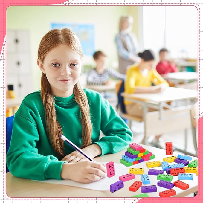 Resurhang 180 Pcs Erasers Bulk for Kids Inspirational Pencil Erasers Bulk for Drawing Motivational Big Eraser School Supplies for Classrooms Back to School Office (Jesus Loves You,Multicolor)