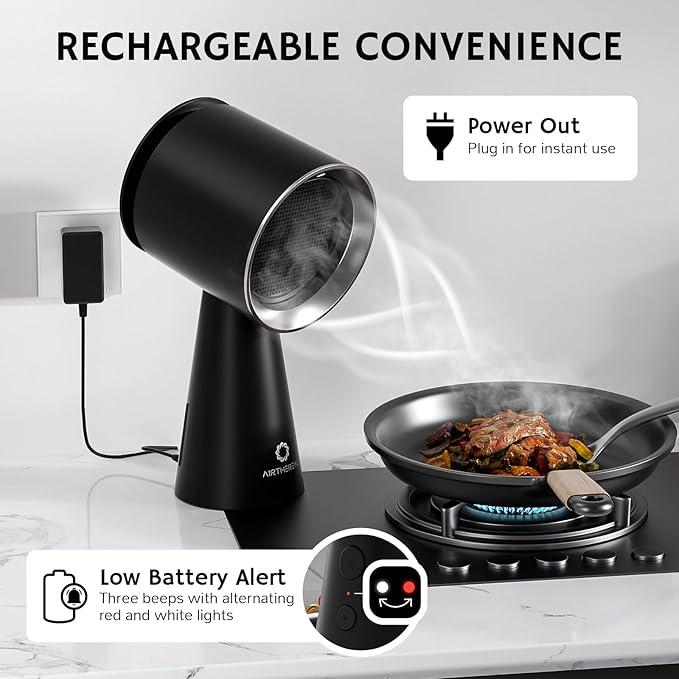 AIRTHEREAL Battery Operated Desktop Range Hood, Rechargable Portable Range Hood with 3-Fan Speeds and Large Oil Collection Cup, Upgraded Portable Kitchen Exhaust Fan for RV Cooking