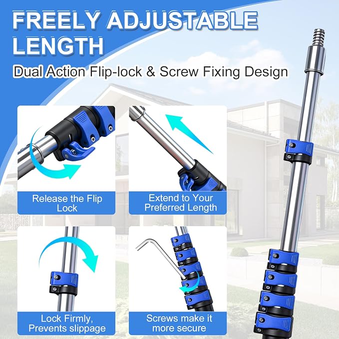 5-20 FT Telescopic Pool Pole, Aluminum Alloy Extension Pole with Flip-Lock & Screw Lock, Adjustable Pool Pole for Skimmer Nets, Brushes & Vacuum Heads