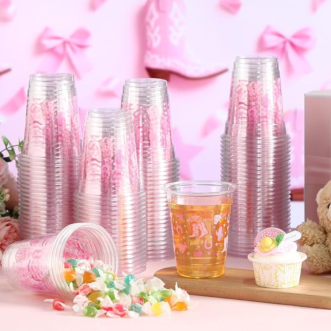 Jingmore 100 Pcs Western Plastic Cups 12 oz Clear Disposable Plastic Cowboy Cowgirl Drinking Cups Bulk for Boho Preppy Baby Shower Birthday Wild West Party Decoration Supplies(Western Cowgirl,Pink)