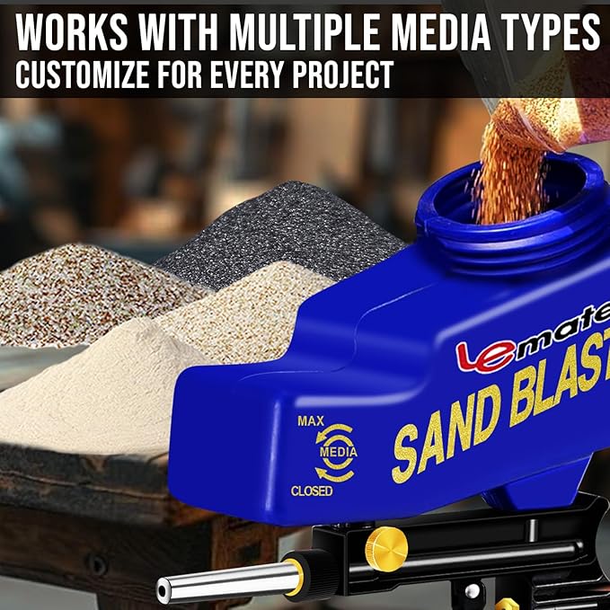 LE LEMATEC Sand Blaster Gun Kit for Air Compressor - Portable Sandblaster for Paint & Rust Removal, Metal, Wood, Auto Surface Prep, Works with Soda Sand Walnut Media, 150 PSI Gravity-Fed