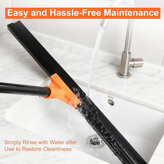 Heavy Duty Floor Squeegee with Long Handle, 18" Rubber Wiper Broom for Concrete Tile Cleaning Commercial Scrubber Mop for Garage Deck Bathroom Kitchen Pool