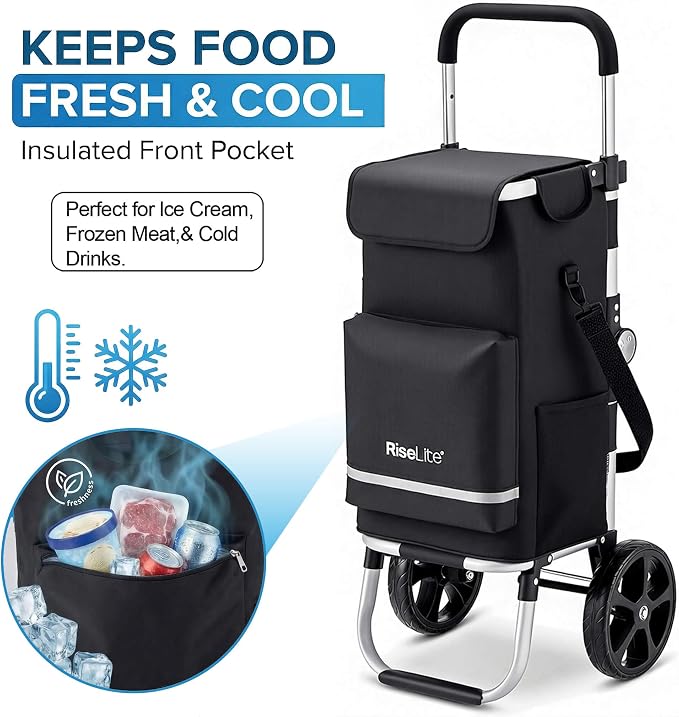 Foldable Shopping Cart with Wheels - Portable Grocery Cart on Wheels, Lightweight & Durable Cart for Groceries with Insulated Cooler, Adjustable Handle, 110 Lbs