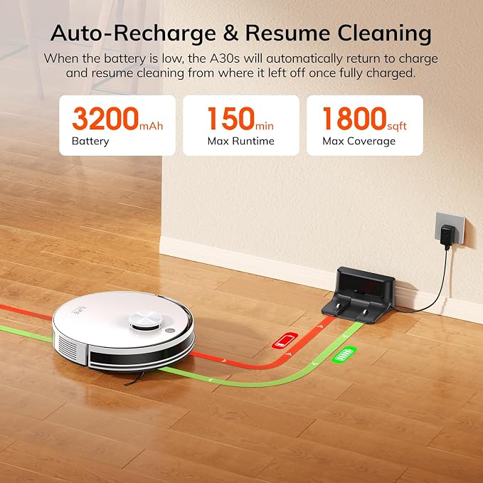 ILIFE A30s Robot Vacuum, 10000Pa Max Suction Robotic Vacuum Cleaner | LiDAR Navigation, Home Mapping, No-Go Zone, 150 Mins, 2.4G App, Voice and Remote Control, for Hard Floor, Carpet and Pet Hair