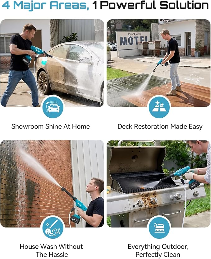 SEESII Cordless Pressure Washer, Portable Power Washer with 4000mAh Battery, Electric Washer Gun with 6-in-1 Nozzle & 27FT Hose, Handheld Power Cleaner for Car, Driveway, Garden, Patio and Fence
