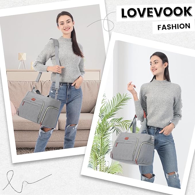 LOVEVOOK Diaper Bag Set, 3-Piece Set with Laptop Pocket, Cooler Bag & Changing Pad, Fits Most Breast Pumps, Grey, 15.7" x 8" x 11", For Mothers, Newborn - 3 Years