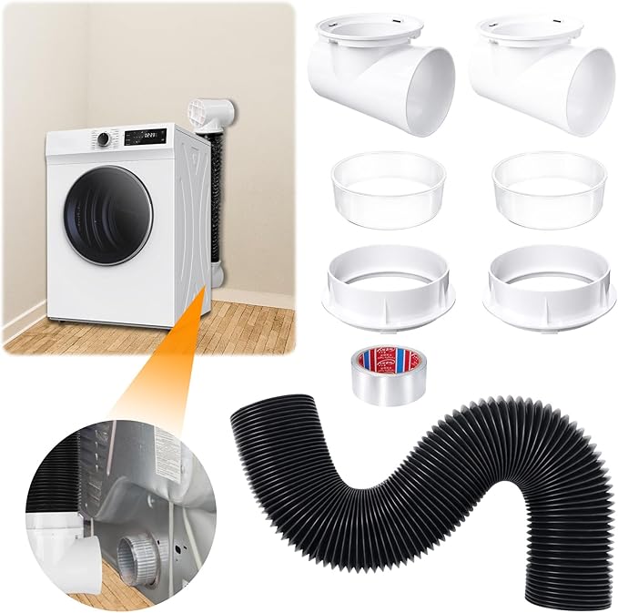 Dryer Vent Hose for Tight Space, 4-Inch Indoor Dryer Vent Kit with Double 90° Elbow, 8.2FT Aluminum Exhaust Hose, Close to Wall Dryer Vent Connector, Black