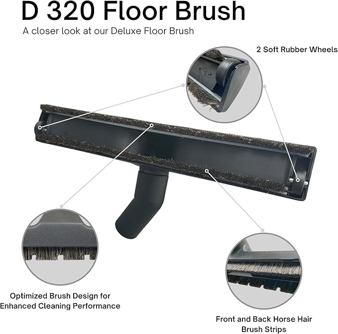 Wessel-Werk Deluxe Vacuum Floor Brush, Multi-Surface Vacuum Brush Attachment with 360° Swivel Neck, Soft Rubber Wheels, and Horse Hair Bristles Brush Nozzle (D 300-12 inch Brush, 1-3/8" (35mm) Neck)