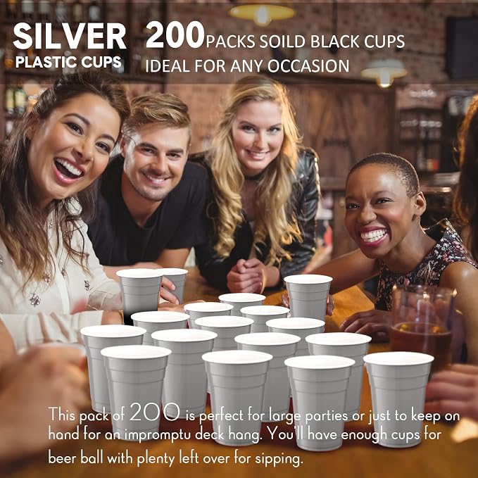 Dandat 200 Pcs 18 oz Plastic Disposable Cups Bulk Heavy Duty Large Cold/Hot Drinking Cups Disposable Container for Beverages Water Wedding Birthday Graduation Ceremonies Party BBQ Picnics, Silver