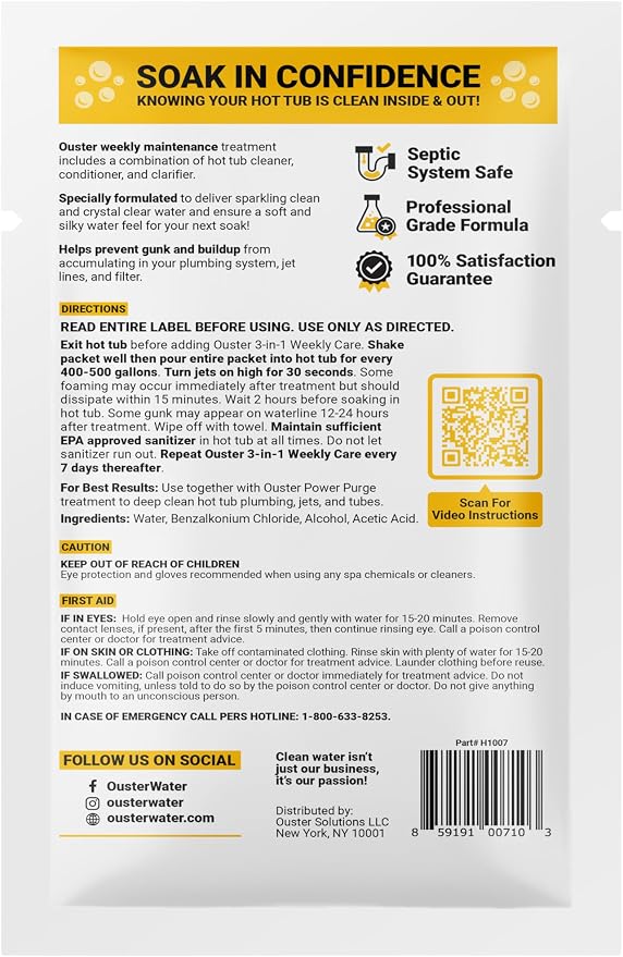Bio Ouster 3-in-1 Weekly Hot Tub Chemicals & Spa Chemicals - Cleaner Clarifier Conditioner for Inflatable & Acrylic Spas - Chlorine Bromine Saltwater - Pre-Measured, No Draining, Made in USA (4 Week)