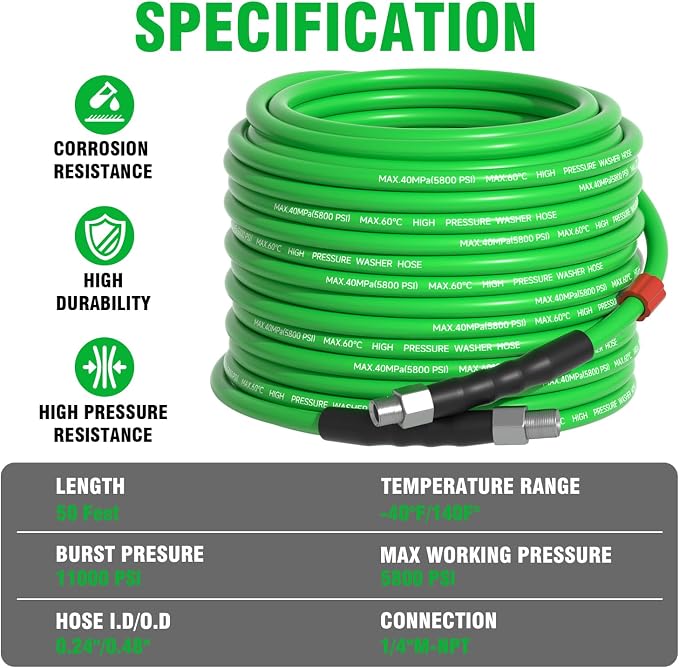 Sewer Jetter Kit for Pressure Washer 50 FT,Drain Cleaner Hose 1/4 Inch NPT Corner with Pressure Washer Tips, Button Nose and Rotating Sewer Jetting Nozzle, Spanner Teflon Tape Pearl Corsage Pin